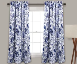Cynthia Jacobean Blue Room-Darkening Rod Pocket Curtain Panel Pair, (63")