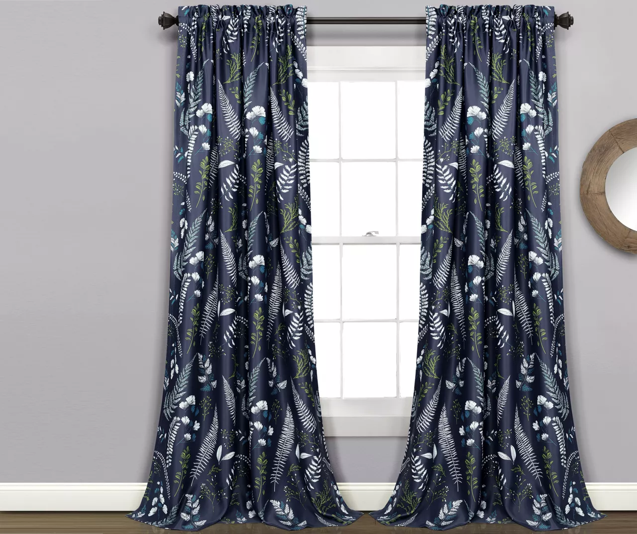 Devonia Allover Navy & Green Floral Room-Darkening Rod Pocket Curtain Panel Pair, (84")