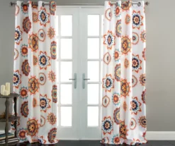 Adrianne White & Tangerine Floral Medallion Room-Darkening Grommet Curtain Panel Pair, (84")