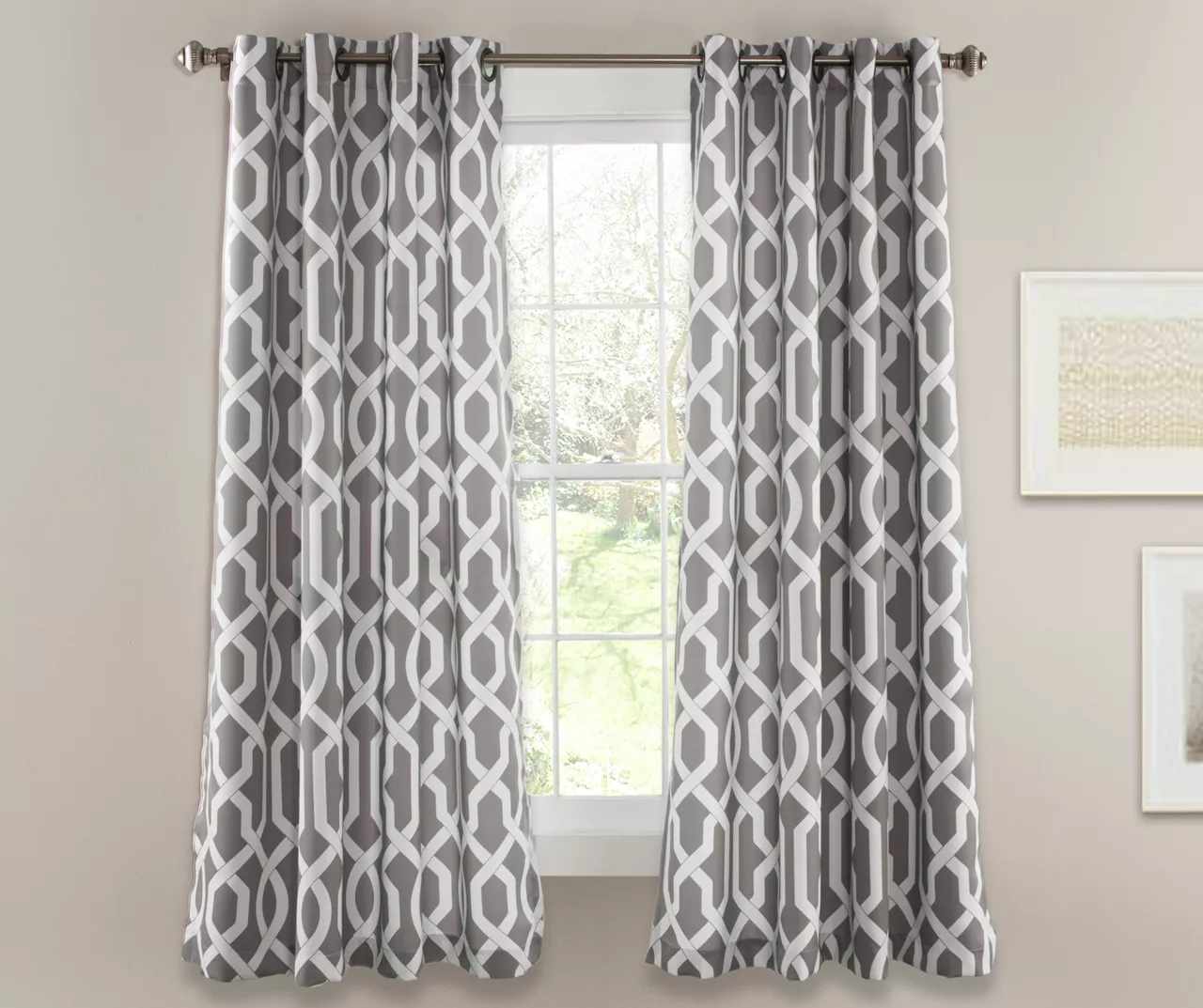 Edward Trellis Gray Room-Darkening Grommet Curtain Panel Pair, (63")