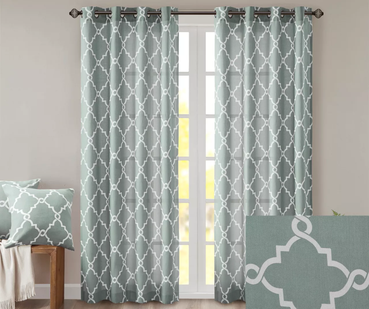 Sereno Fretwork Seafoam Light-Filtering Grommet Curtain Panel, (84") - Image 3