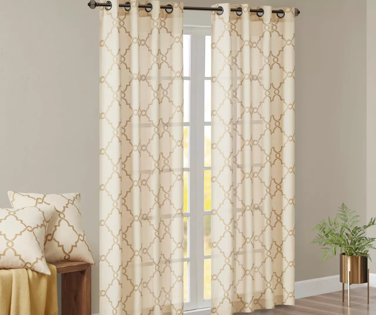 Sereno Fretwork Beige & Gold Light-Filtering Grommet Curtain Panel, (95") - Image 2