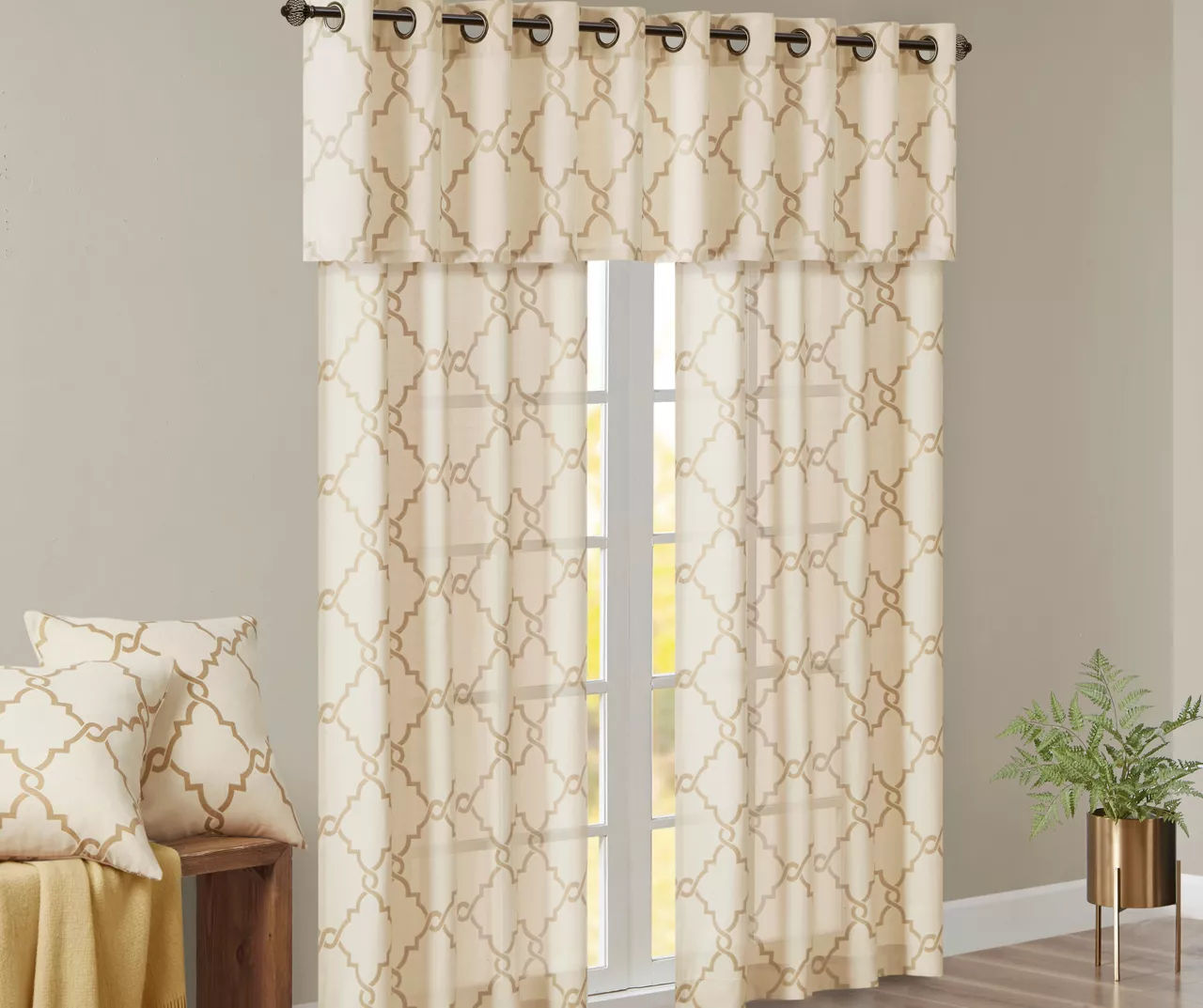 Sereno Fretwork Beige & Gold Light-Filtering Grommet Curtain Panel, (63") - Image 11