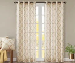 Sereno Fretwork Beige & Gold Light-Filtering Grommet Curtain Panel, (84")