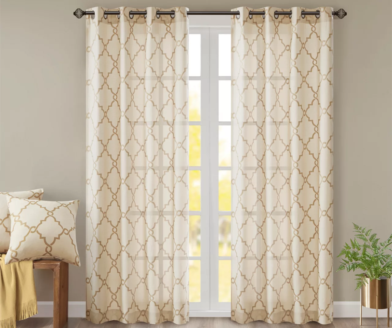 Sereno Fretwork Beige & Gold Light-Filtering Grommet Curtain Panel, (84")
