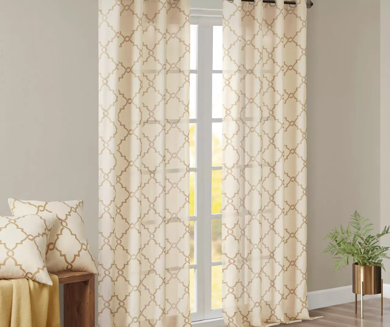 Sereno Fretwork Beige & Gold Light-Filtering Grommet Curtain Panel, (95") - Image 9