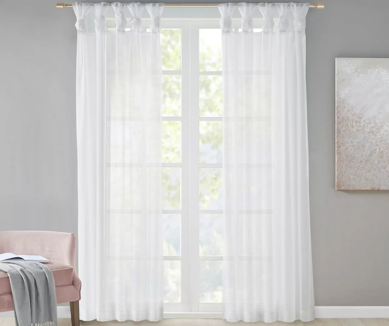 Persis White Voile Sheer Twisted Tab Curtain Panel Pair, (63")