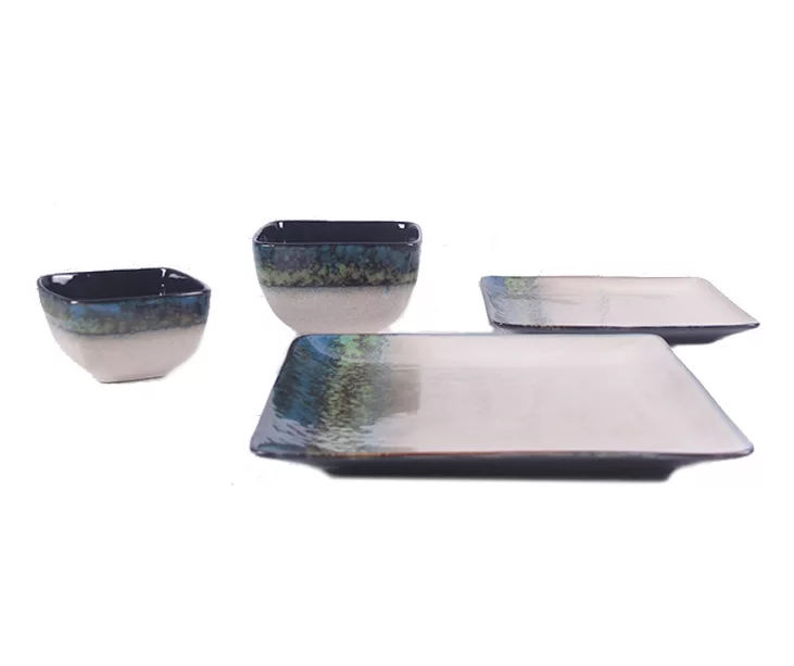 Green, Teal & Cream Square 16-Piece Stoneware Dinnerware Set - Image 2