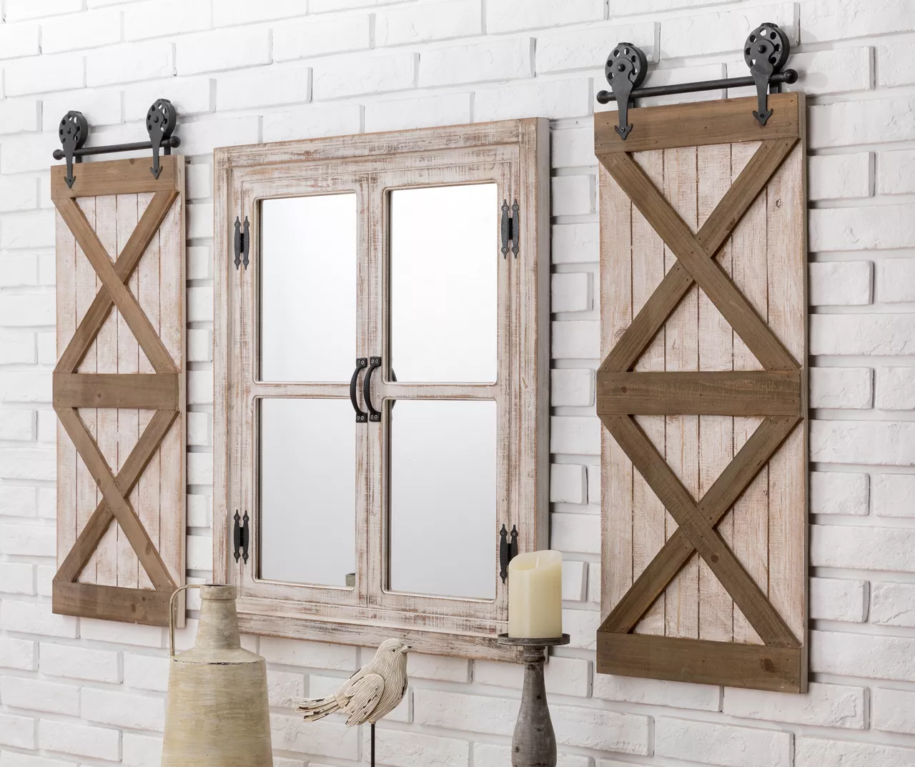 Brown Whitewash Windowpane Farmhouse Wall Mirror, (31.5") - Image 6