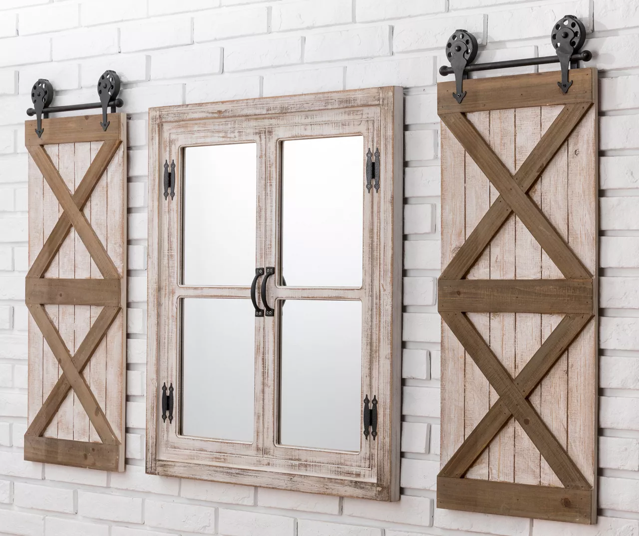 Brown Whitewash Windowpane Farmhouse Wall Mirror, (31.5") - Image 7