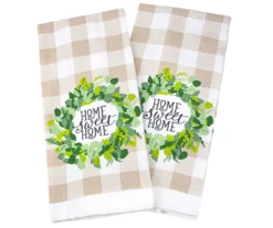 "Home Sweet Home" Tan & White Buffalo Check Kitchen Towel, 2-Pack