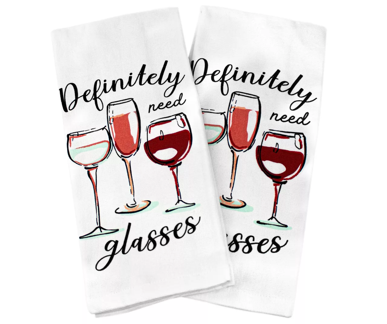 "Definitely Need Glasses" White & Red Wineglass Kitchen Towel, 2-Pack