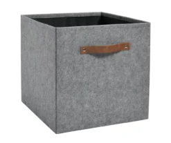 13" Gray Felt Bin With Faux Leather Handle