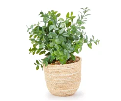 Green Artificial Leafy Plant Arrangement With Brown Woven Pot