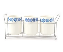 White & Blue Geometric Flatware Caddy Set