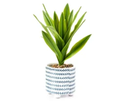Bohemian Farmhouse Green Artificial Plant With White Patterned Pot