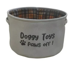 "Doggy Toys Paws Off" Gray Pet Toy Bin