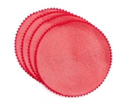 Red Pom-Pom Trim Round Placemats, 4-Pack