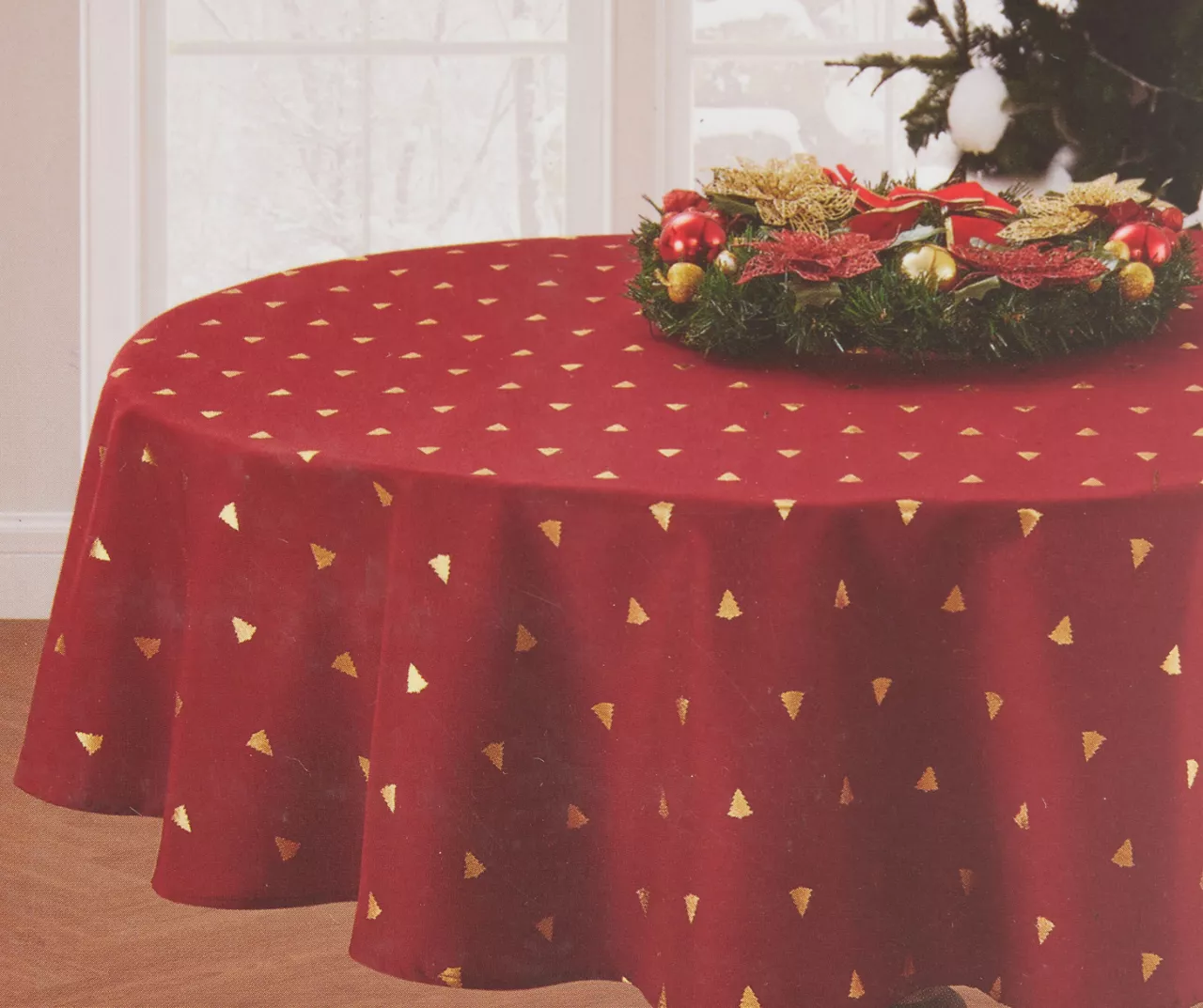 Broyhill Festive Gathering Red & Gold Foil Trees Fabric Tablecloth - Image 2