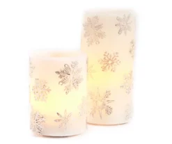 Silver Snowflake 2-Piece LED Pillar Candle Set