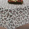 Santa's Workshop White & Green Holly Fabric Tablecloth