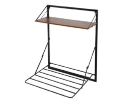 Black & Walnut-Finish Wall-Mounted Drying Rack With Shelf